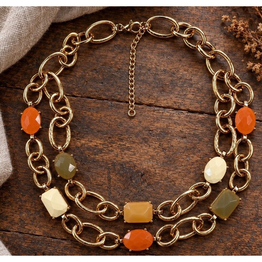 Vintage Y2K Gold Tone Double Strand Necklace Faceted Earth Tone Chunky Chain